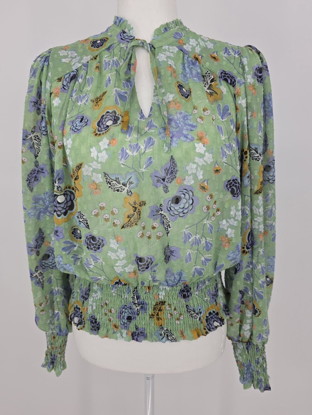 Rachel Zoe‎ XS Sheer Floral Tie Neck Smocked Blouse Green Long Sleeve Top